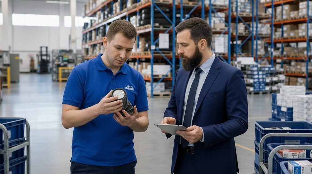Auto parts warehouse staff checking an order on a tablet