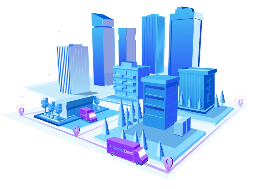 CourierCloud delivery vans on optimized routes across a city