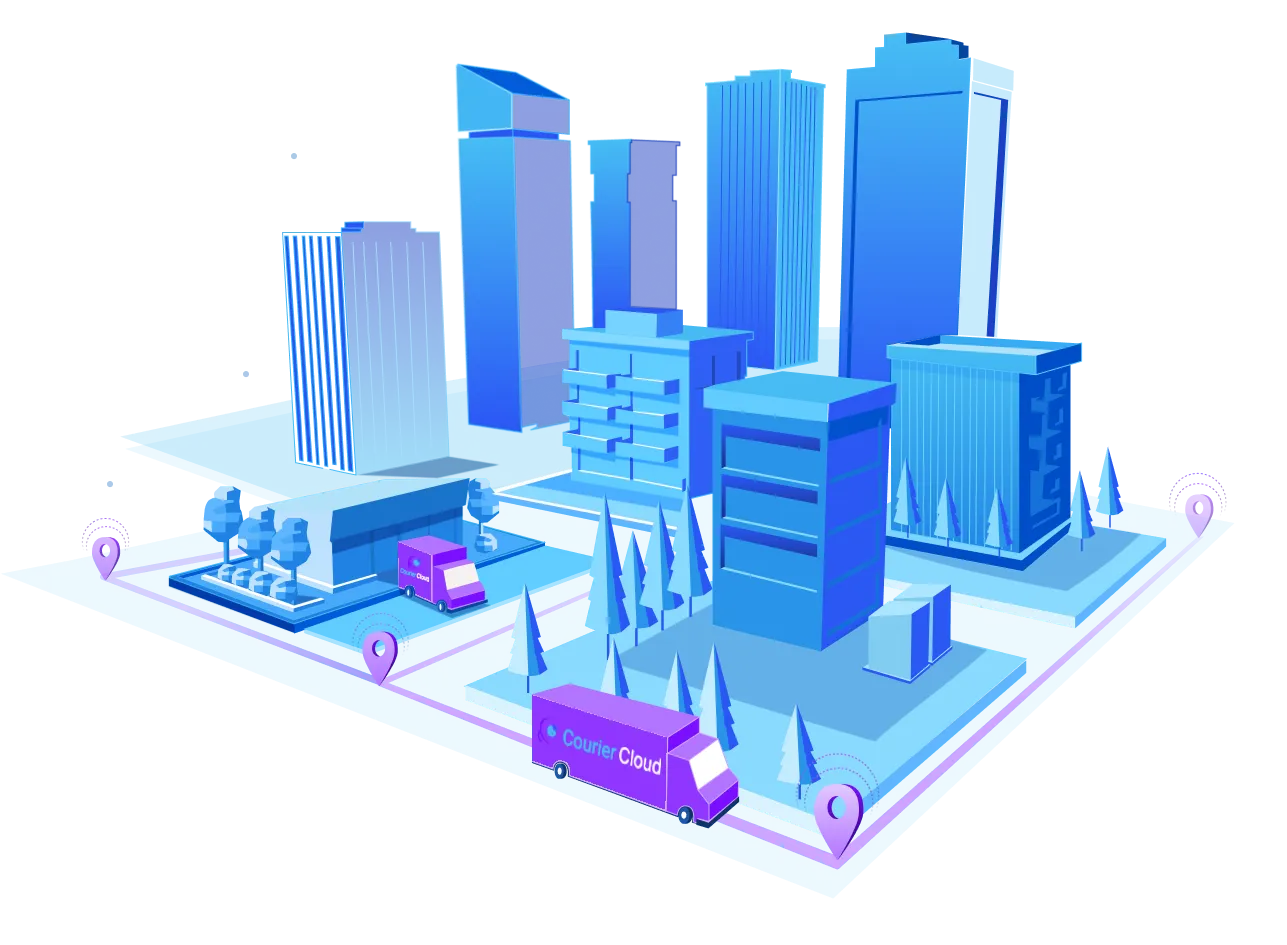 CourierCloud delivery vans on optimized routes across a city