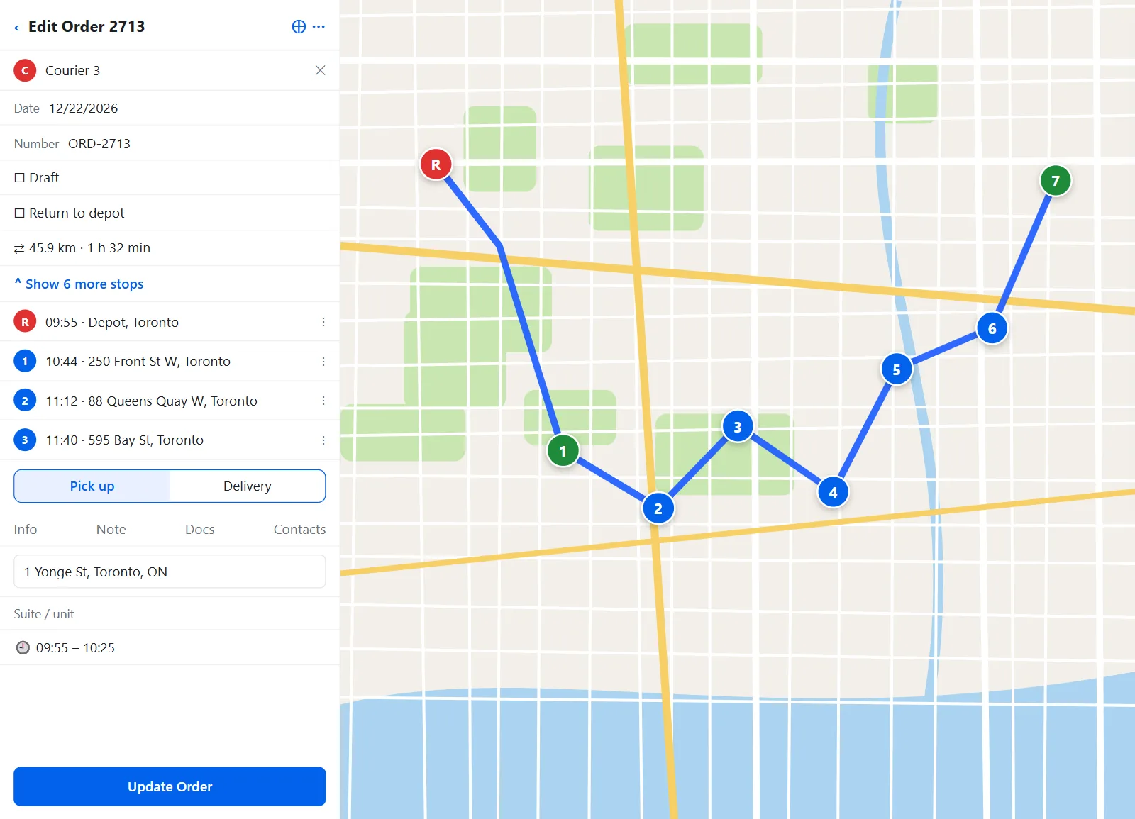 CourierCloud dispatcher web app: editing an order with its optimized route on a city map