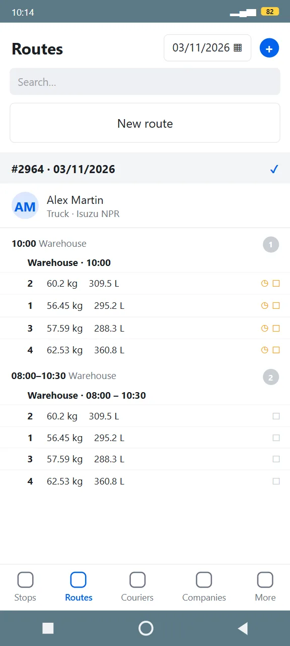 Dispatcher view of a route with stops grouped by warehouse time window