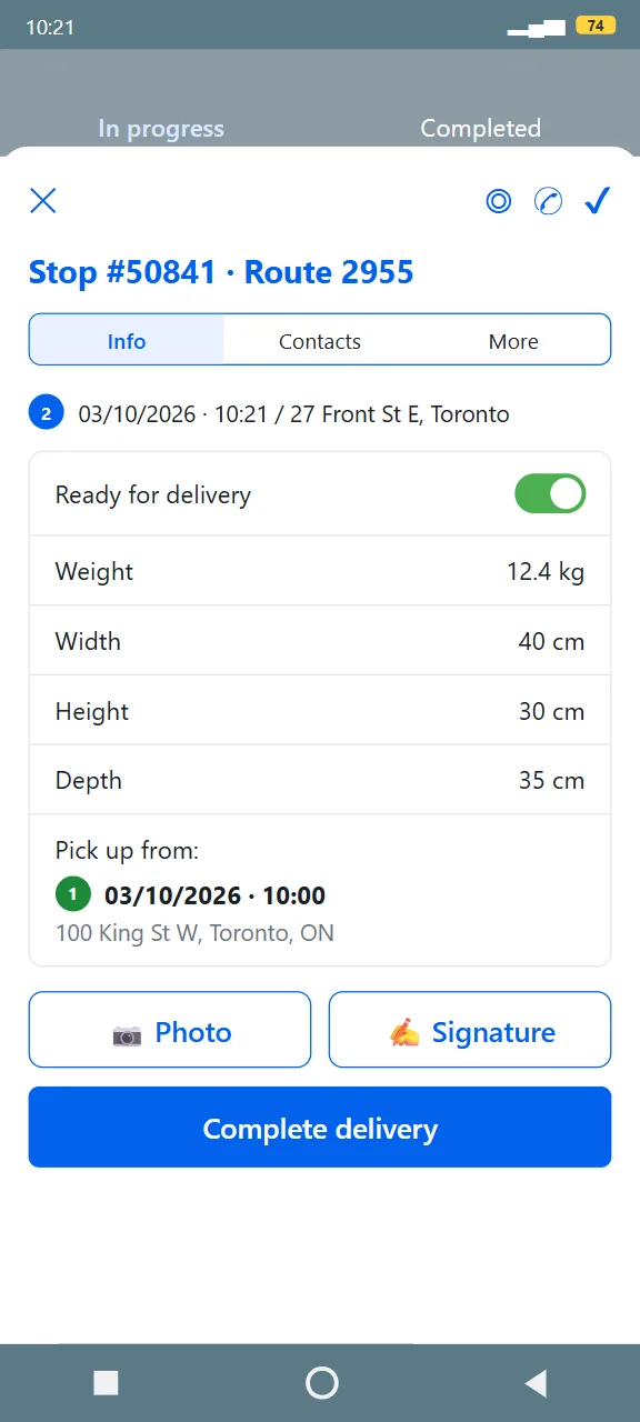 Driver app stop card with parcel details, photo and signature proof of delivery