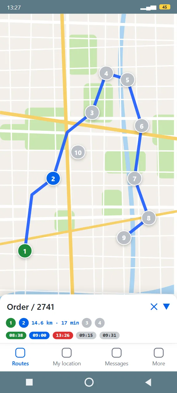 CourierCloud driver app showing the route map with numbered stops