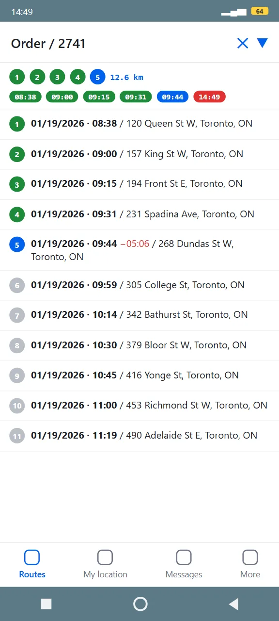 Driver app stop list with arrival times and Toronto addresses