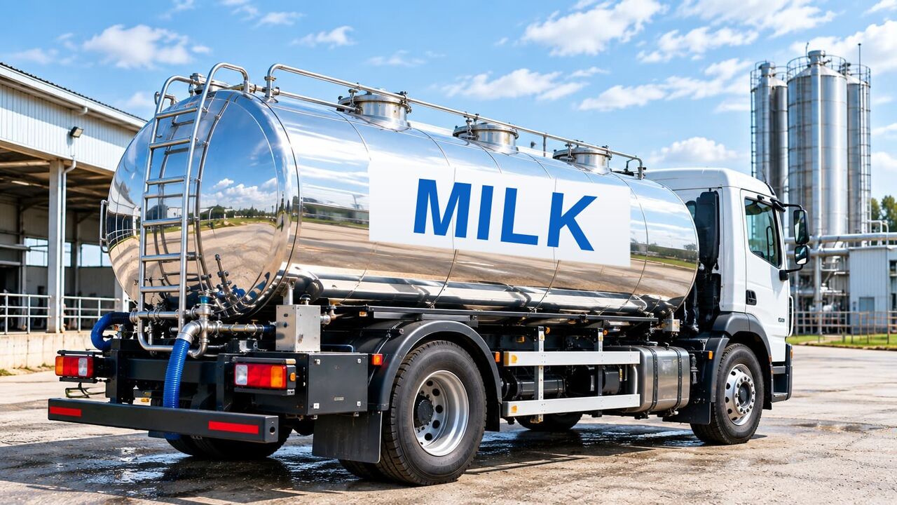 Milk tanker collecting raw milk at a dairy plant