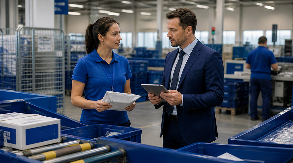 Parcel sorting centre team reviewing delivery lists