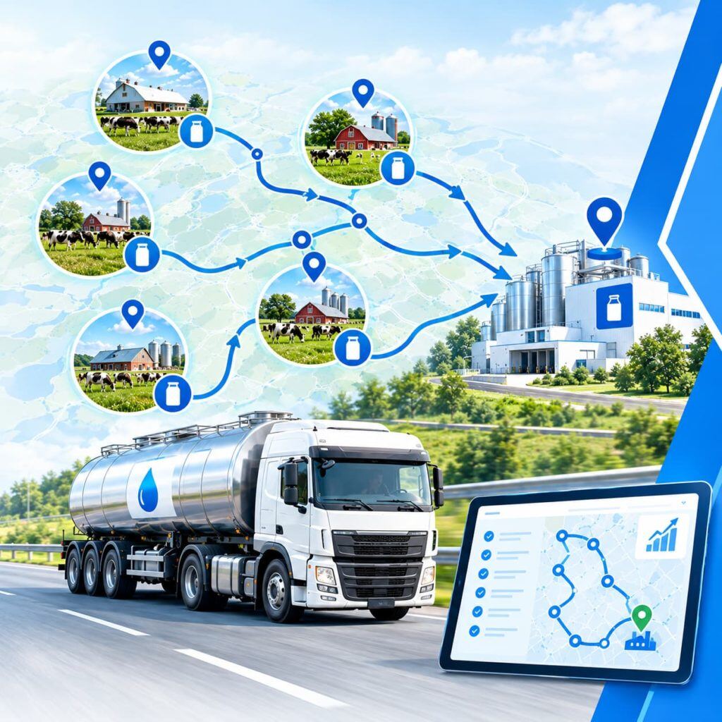 Milk tanker collecting milk from farms on an optimized route