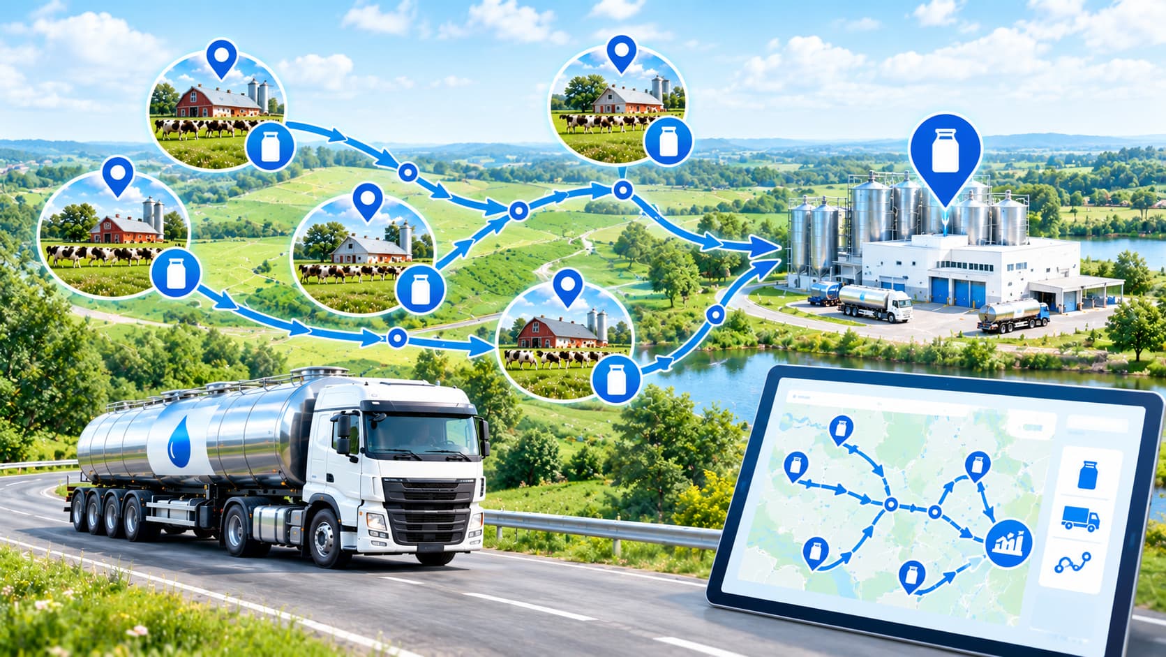 Milk tanker route connecting dairy farms to a processing plant